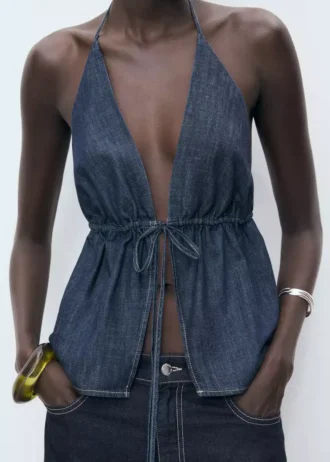 Denim-Oberteil mit V-Ausschnitt und Schleife