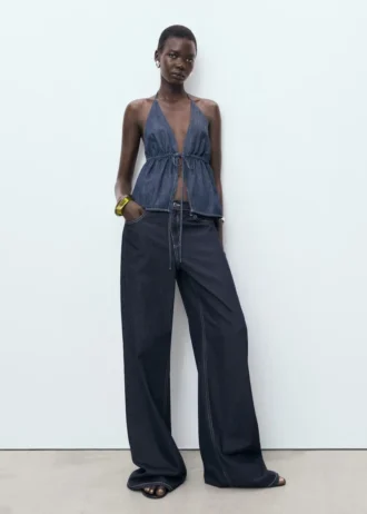 Denim-Oberteil mit V-Ausschnitt und Schleife