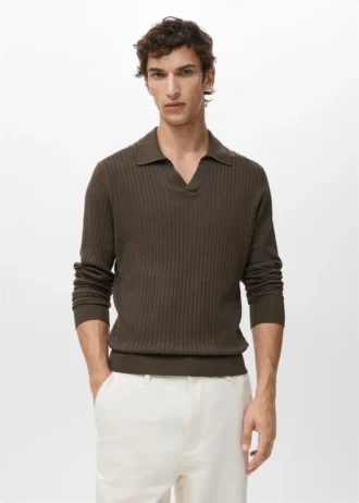 Gerippter Strick-Polo-Pullover