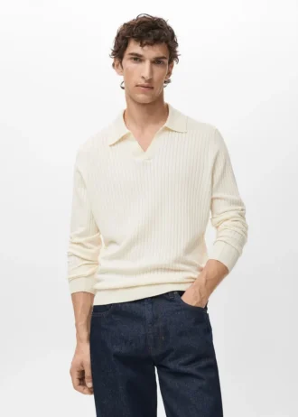 Gerippter Strick-Polo-Pullover