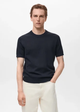 Gestreiftes Baumwoll-T-Shirt mit Lochmuster