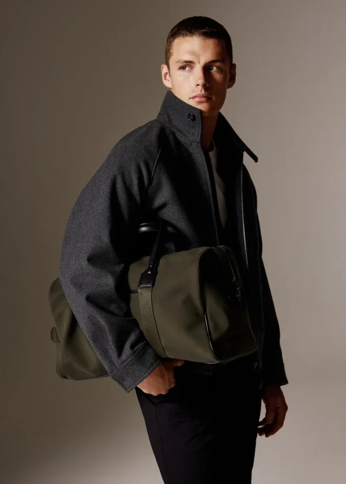 Kombinierte Bowling-Handtasche aus Leder und Baumwolle