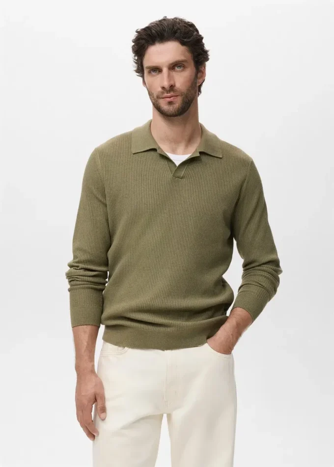 Polo-Pullover aus Baumwollmischung mit Rippstrick Polo-Pullover aus Baumwollmischung mit Rippstrick