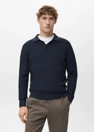 Polo-Pullover aus Baumwollmischung mit Rippstrick
