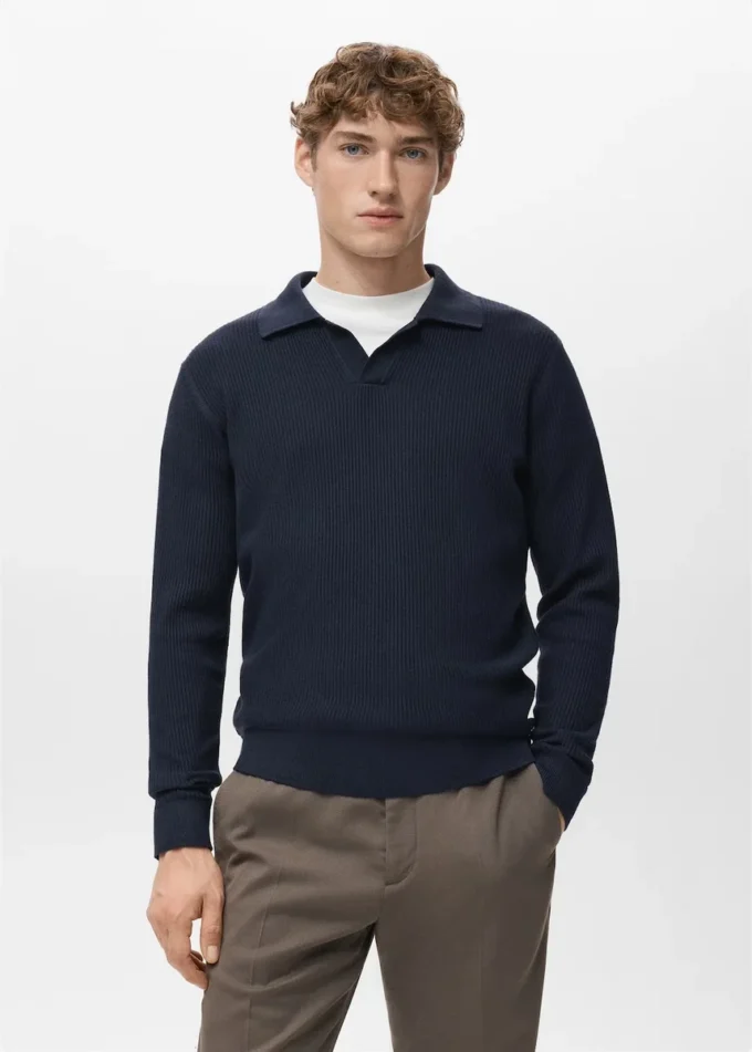 Polo-Pullover aus Baumwollmischung mit Rippstrick