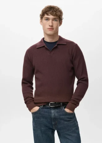 Polo-Pullover aus Baumwollmischung mit Rippstrick