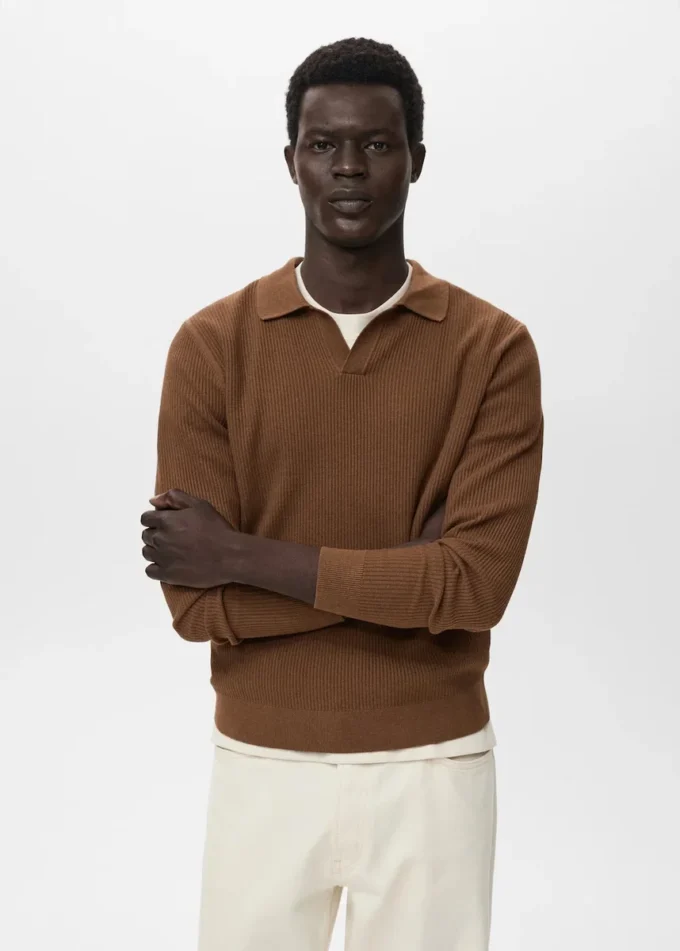 Polo-Pullover aus Baumwollmischung mit Rippstrick Polo-Pullover aus Baumwollmischung mit Rippstrick