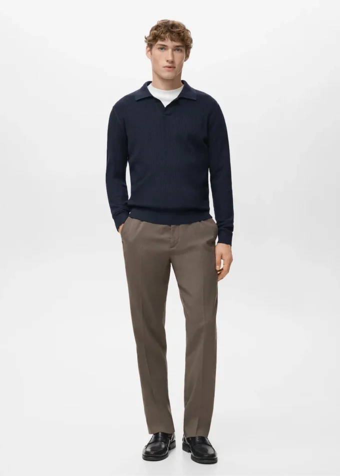 Polo-Pullover aus Baumwollmischung mit Rippstrick