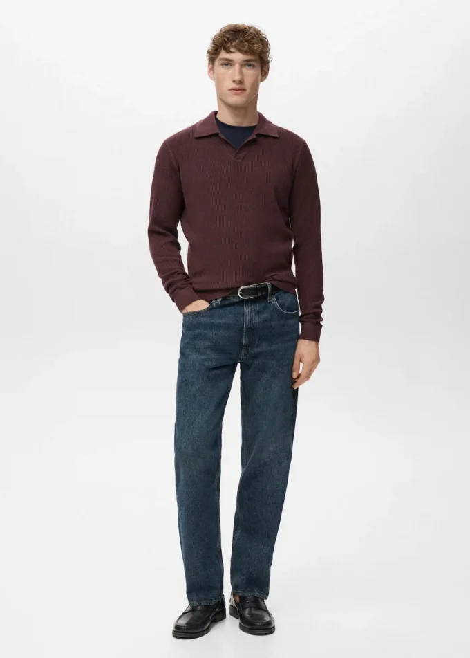 Polo-Pullover aus Baumwollmischung mit Rippstrick