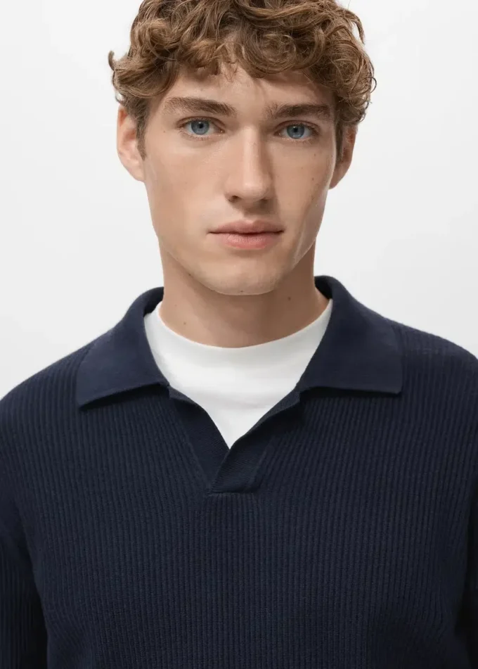 Polo-Pullover aus Baumwollmischung mit Rippstrick
