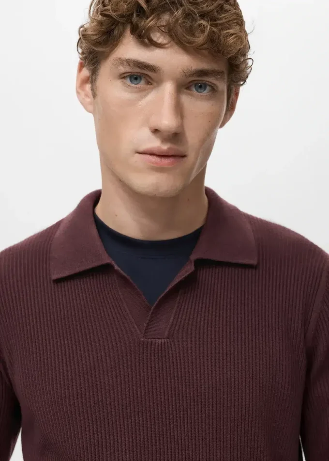 Polo-Pullover aus Baumwollmischung mit Rippstrick