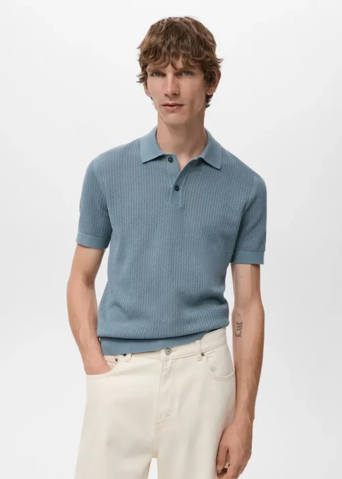 Polohemd aus Baumwollstrick mit Spitzenmuster Polohemd aus Baumwollstrick mit Spitzenmuster