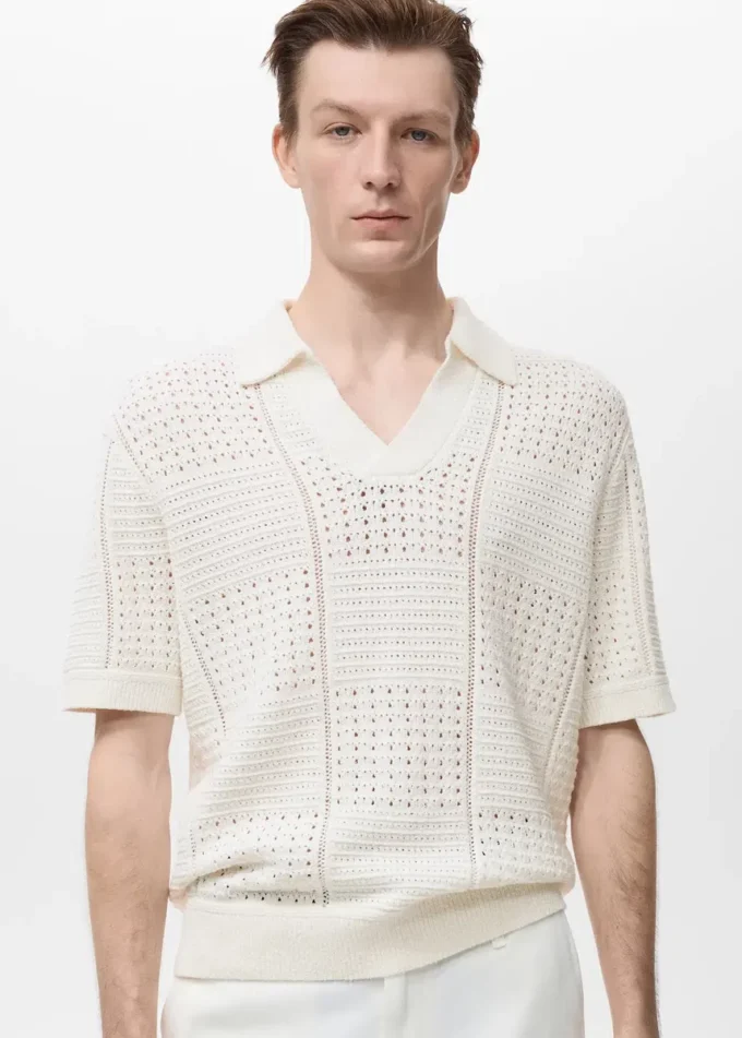 Polohemd aus Baumwollstrick mit Spitzenmuster Polohemd aus Baumwollstrick mit Spitzenmuster