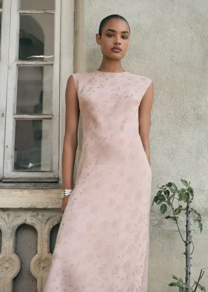 Satin-Jacquardkleid mit Blumenmuster