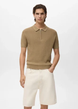 Strick-Poloshirt mit Reißverschluss und Spitzenakzenten