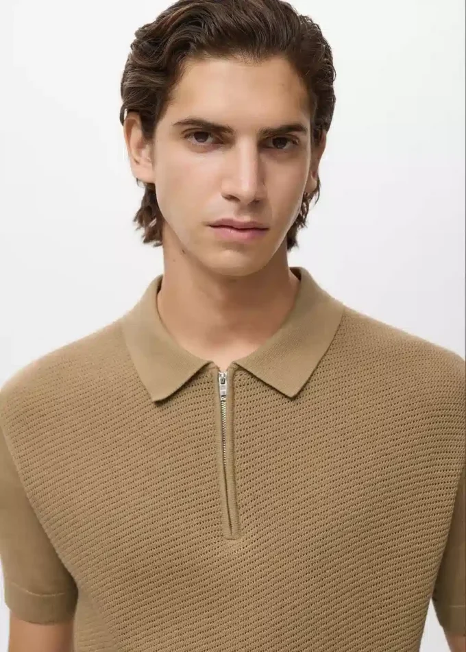 Strick-Poloshirt mit Reißverschluss und Spitzenakzenten